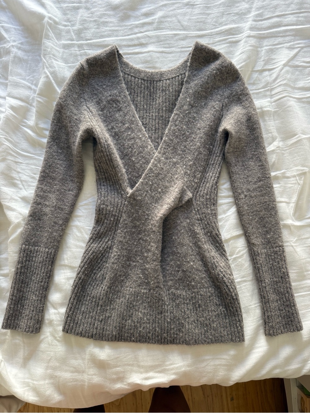 AllSaints Ribbed Wrap-Front V-Neck Sweater in Taupe